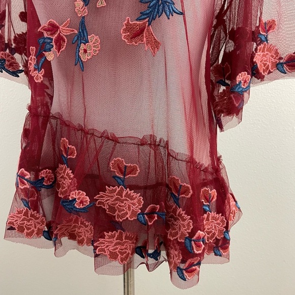 ZARA BURGUNDY SHEER FLORAL DETAIL WITH RUFFLED HEMLINE SIZE XSMALL - Picture 8 of 8